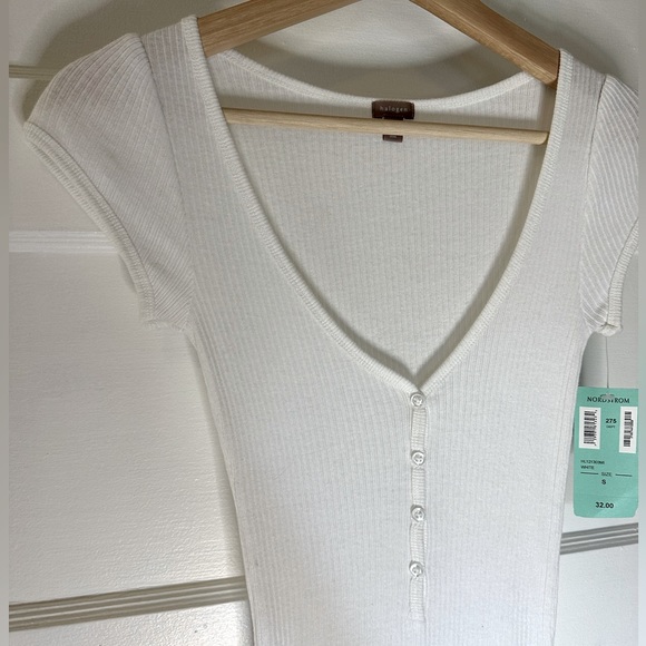 Nordstrom Halogen Short Cap Sleeve White Henley Ribbed V-Neck Cotton Tee - Picture 5 of 9